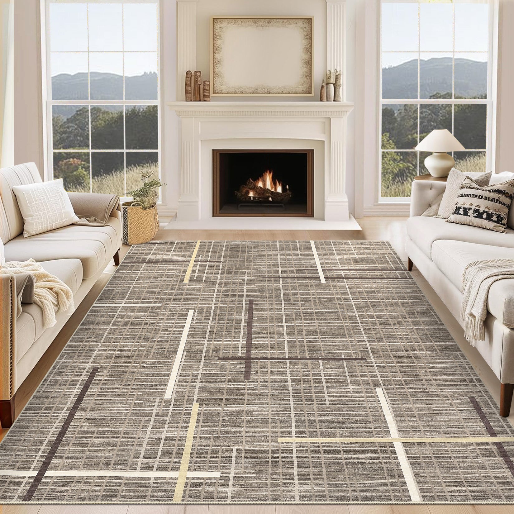 Garvee Washable Modern Rug 9x12 Large Linear Geometric Living Room Rug Non Slip Abstract Foldable Ultra Thin Accent Throw Rug Stain Resistant Soft Carpet for Home Office Decor, Brown
