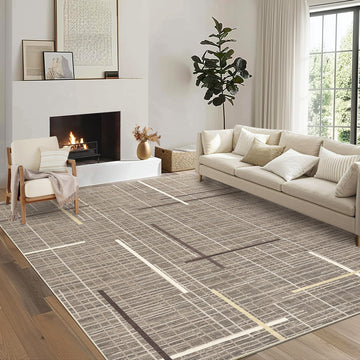 Garvee Washable Modern Rug 9x12 Large Linear Geometric Living Room Rug Non Slip Abstract Foldable Ultra Thin Accent Throw Rug Stain Resistant Soft Carpet for Home Office Decor, Brown