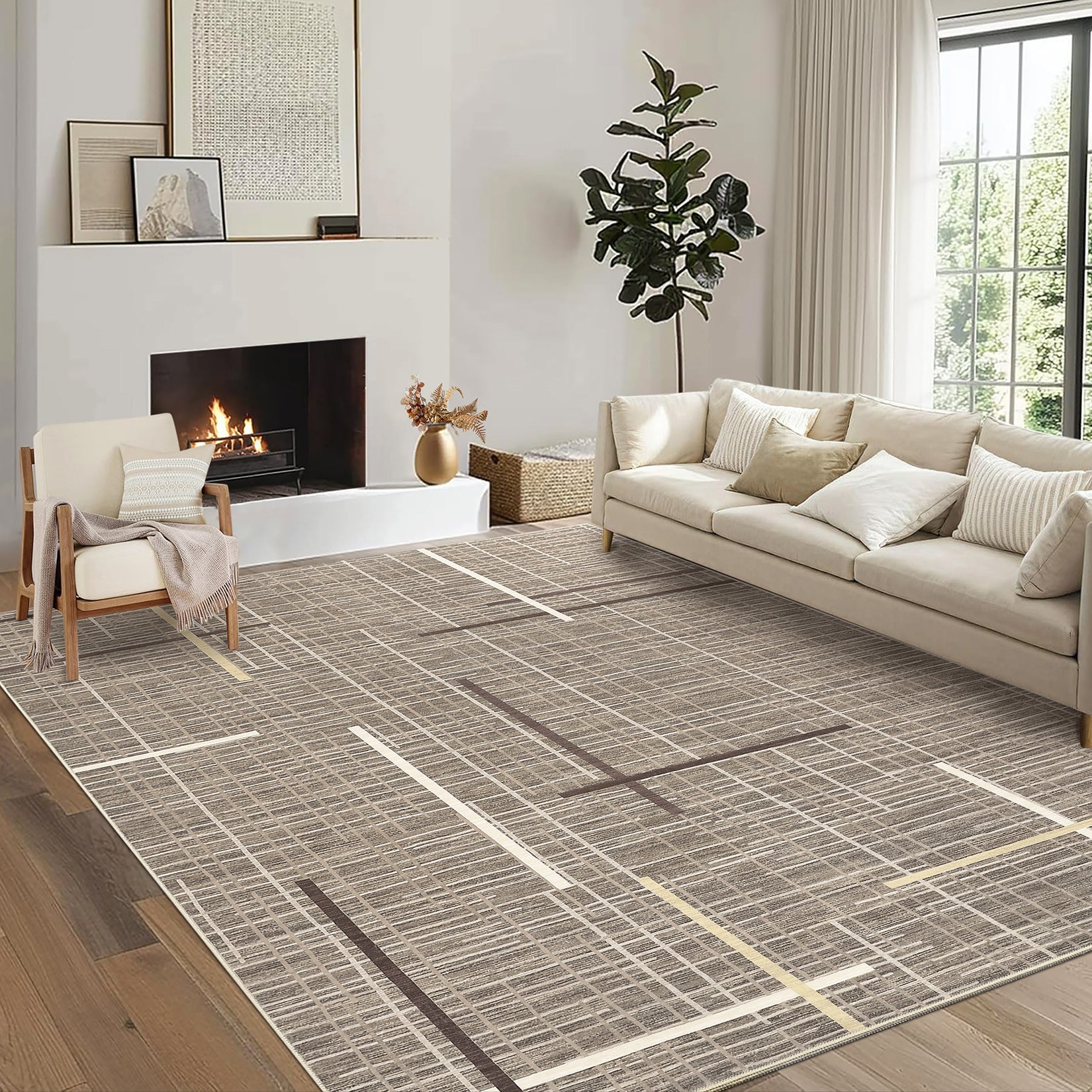 Garvee Washable Modern Rug 9x12 Large Linear Geometric Living Room Rug Non Slip Abstract Foldable Ultra Thin Accent Throw Rug Stain Resistant Soft Carpet for Home Office Decor, Brown