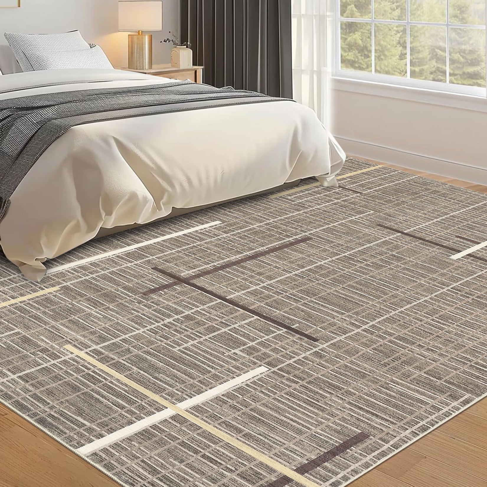 Garvee Washable Modern Rug 9x12 Large Linear Geometric Living Room Rug Non Slip Abstract Foldable Ultra Thin Accent Throw Rug Stain Resistant Soft Carpet for Home Office Decor, Brown