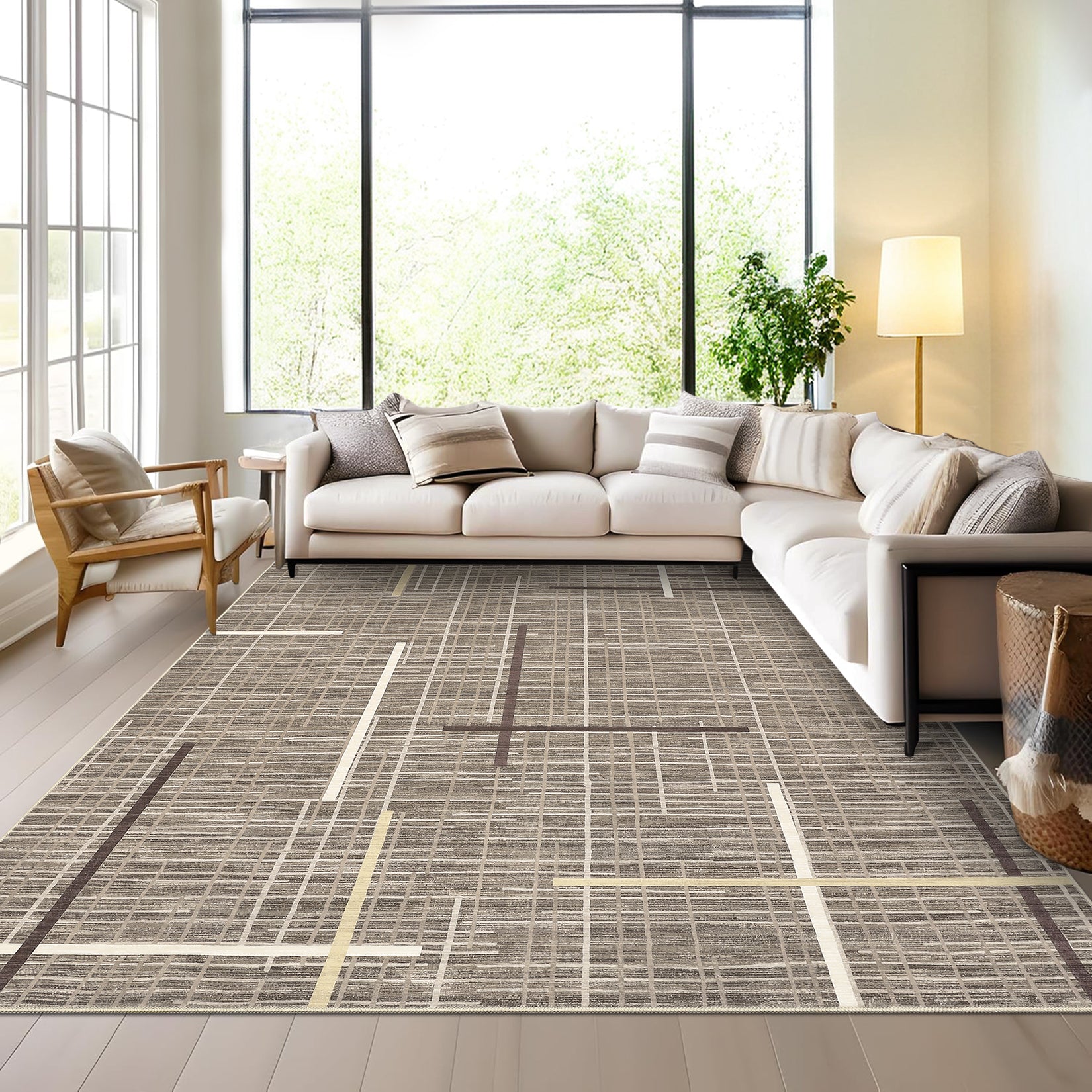 Garvee Washable Modern Rug 9x12 Large Linear Geometric Living Room Rug Non Slip Abstract Foldable Ultra Thin Accent Throw Rug Stain Resistant Soft Carpet for Home Office Decor, Brown
