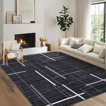 Garvee Washable Modern Rug 9x12 Large Linear Geometric Living Room Rug Non Slip Abstract Foldable Ultra Thin Accent Throw Rug Stain Resistant Soft Carpet for Home Office Decor, Black