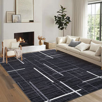 Garvee Washable Modern Rug 9x12 Large Linear Geometric Living Room Rug Non Slip Abstract Foldable Ultra Thin Accent Throw Rug Stain Resistant Soft Carpet for Home Office Decor, Black