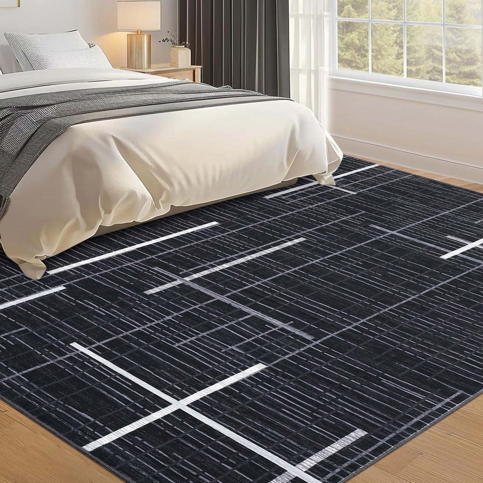 Garvee Large Living Room Rug 10x13 Modern Abstract Washable Rug Geometric Non Slip Stain Resistant Soft Floor Cover Foldable Low Pile Striped Area Rug for Bedroom Dining Room Nursery, Black