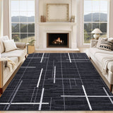 Garvee Large Living Room Rug 10x13 Modern Abstract Washable Rug Geometric Non Slip Stain Resistant Soft Floor Cover Foldable Low Pile Striped Area Rug for Bedroom Dining Room Nursery, Black - Black