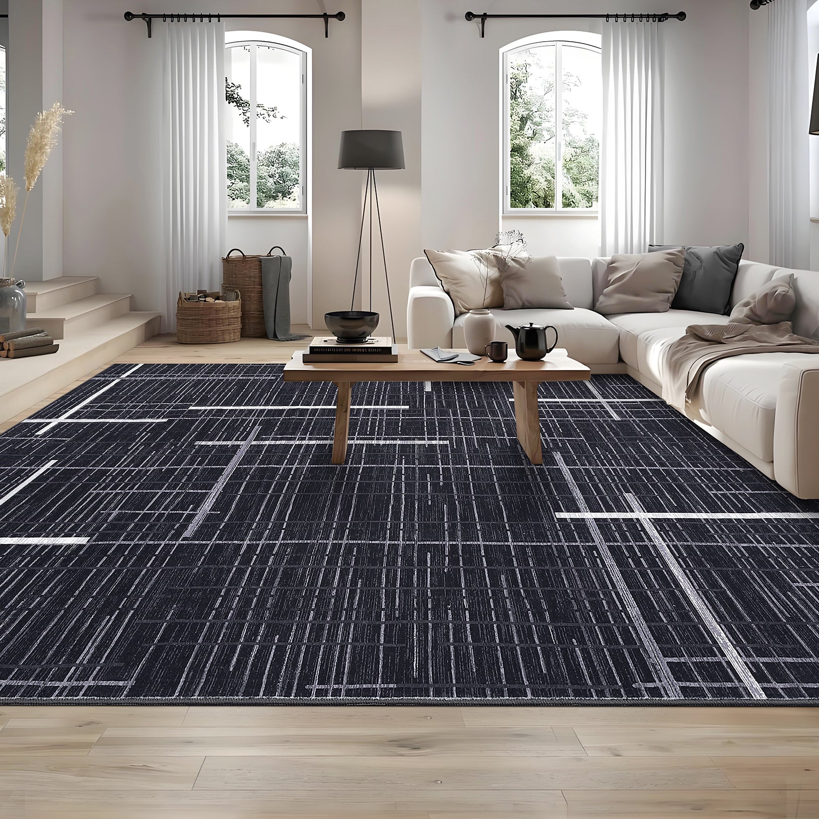 Garvee Large Living Room Rug 10x13 Modern Abstract Washable Rug Geometric Non Slip Stain Resistant Soft Floor Cover Foldable Low Pile Striped Area Rug for Bedroom Dining Room Nursery, Black