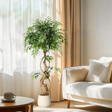 Garvee Ficus Artificial Tree with Curved Trunk, 4ft Faux Plant Fake Silk Trees with White Pot, Fake Ficus Tree for Home Decor, Artificial Plants Outdoor for Indoor Office Living Room - 