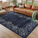 Garvee Area Rugs 8x10 Washable Non-Slip Rugs for Living Room Border Floral Large Area Rugs Vintage Distress Print Carpet Indoor Non-Shedding Rugs for Living Room Dining Room, Blue - Blue