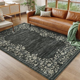Garvee Area Rugs 8x10 Washable Non-Slip Rugs for Living Room Border Floral Large Area Rugs Vintage Distress Print Carpet Indoor Non-Shedding Rugs for Living Room Dining Room, Black - Black