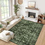 Garvee Large Washable Area Rug 9 x 12 Vintage Floral Print Living Room Rug with Non-Slip Backing, Distressed Low Pile Indoor Mat, Foldable Traditional Floor Cover for Dining Room, Green - Green