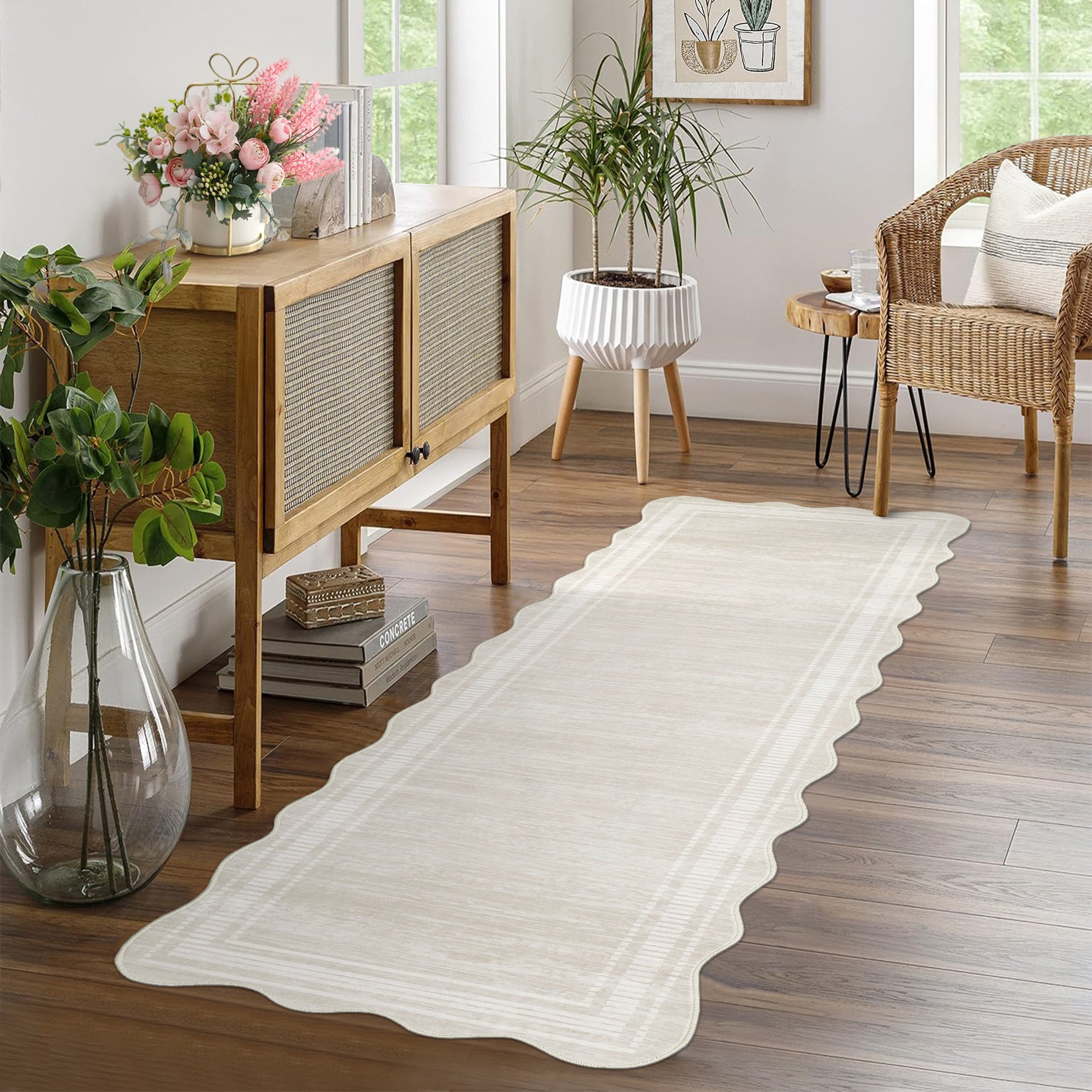 Garvee Washable Area Rug 2x8 Scalloped Rugs for Living Room Solid Carpet 2x8 Area Rugs for Bedroom Nursery Dining Room Non-Slip Stain Resistant Under Table Rug