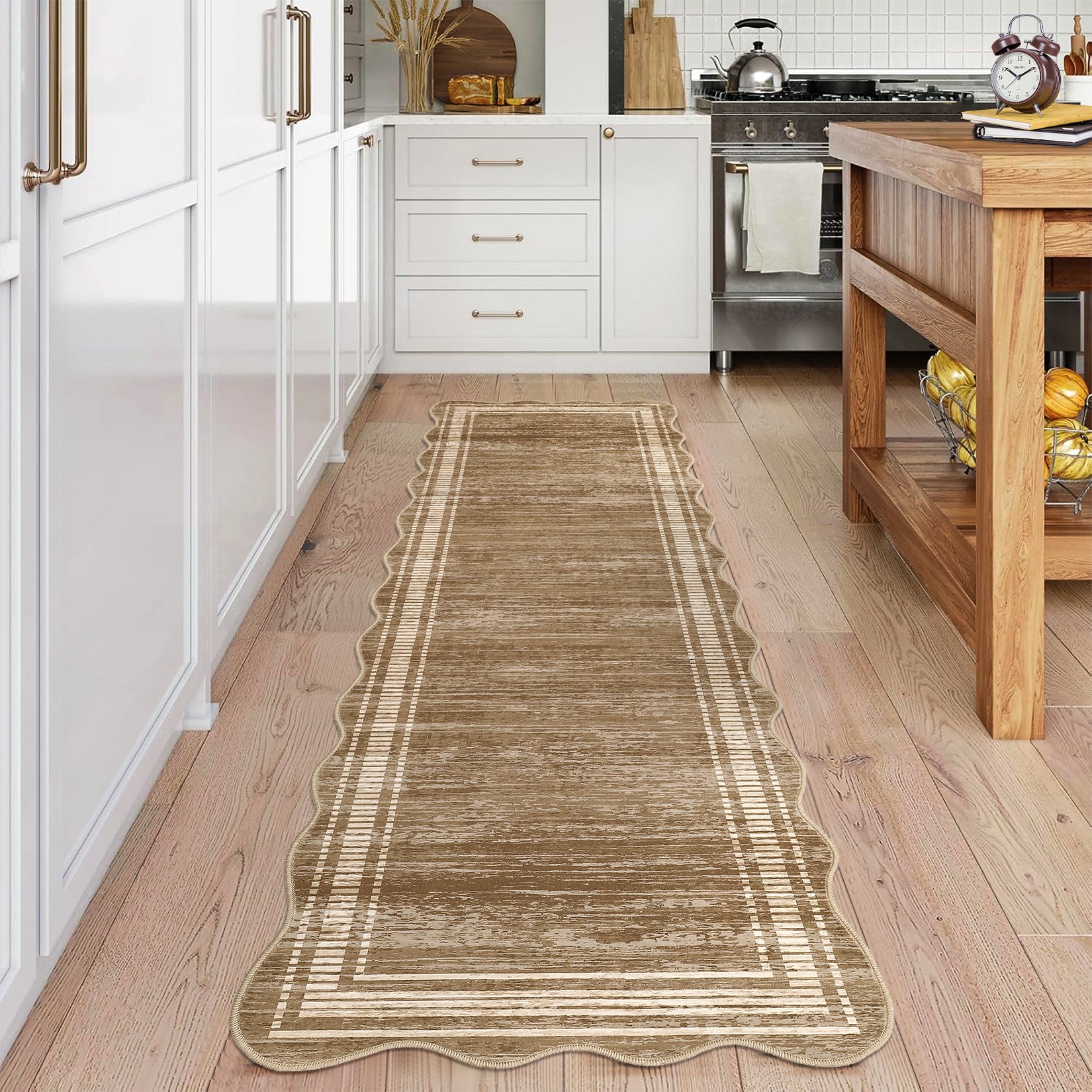 Garvee Modern Camel 2x6 Washable Runner Rug with Scalloped Edges, Non-Slip Backing, Low-Pile Soft Carpet, Durable Machine-Woven Fibers, for Hallway Entryway
