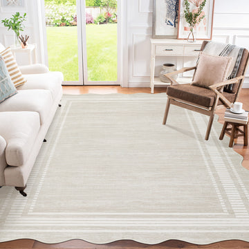 Garvee 4x6 Washable Scalloped Area Rug, Non-Slip Cream White Low-Pile Rug for Living Room, Bedroom, Kitchen, Bathroom & Entryway