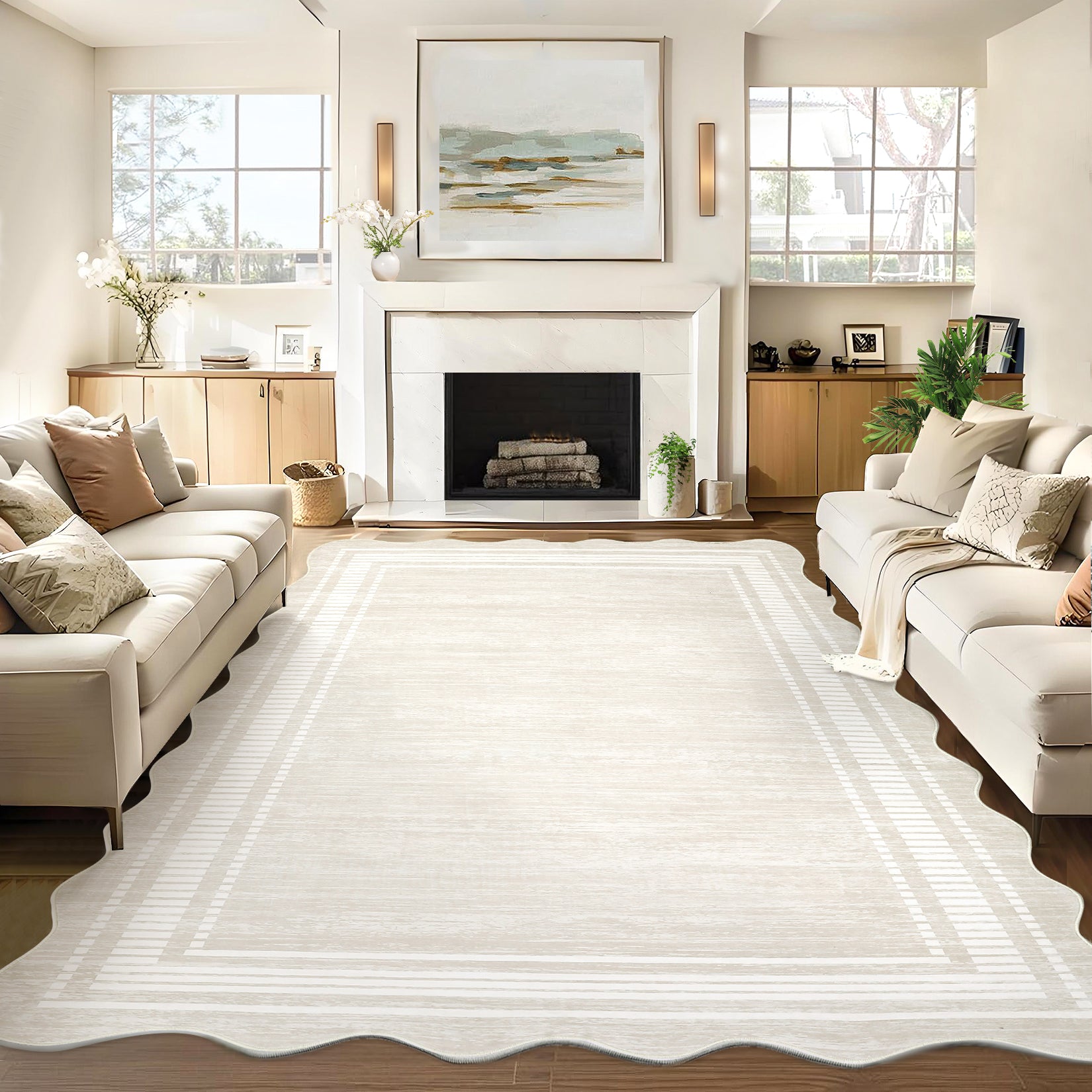 Garvee 4x6 Washable Scalloped Area Rug, Non-Slip Cream White Low-Pile Rug for Living Room, Bedroom, Kitchen, Bathroom & Entryway