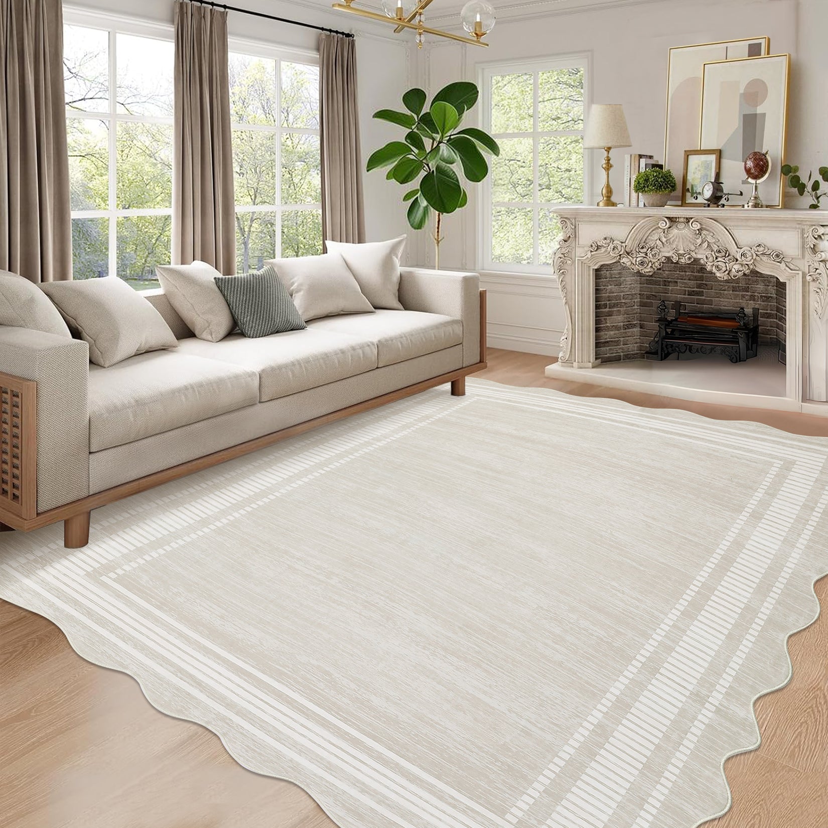 Garvee 4x6 Washable Scalloped Area Rug, Non-Slip Cream White Low-Pile Rug for Living Room, Bedroom, Kitchen, Bathroom & Entryway