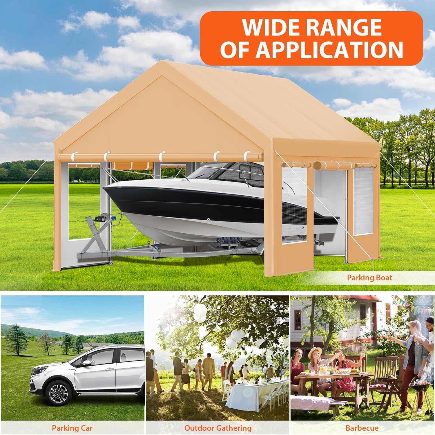 Garvee Heavy Duty Carport 13x20 FT Portable Garage with 4 Doors & 4 Windows, Reinforced Galvanized Steel Frame, Waterproof PE Tarp, Roll-Up Mesh Windows, Yellow, Outdoor Shelter for Cars & Gatherings