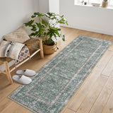 Garvee Washable Area Rug for Entryway Moss Soft Non-Slip Indoor Door Mat Distressed Floral Low-Pile Kitchen Rugs Green 2*6ft - Green