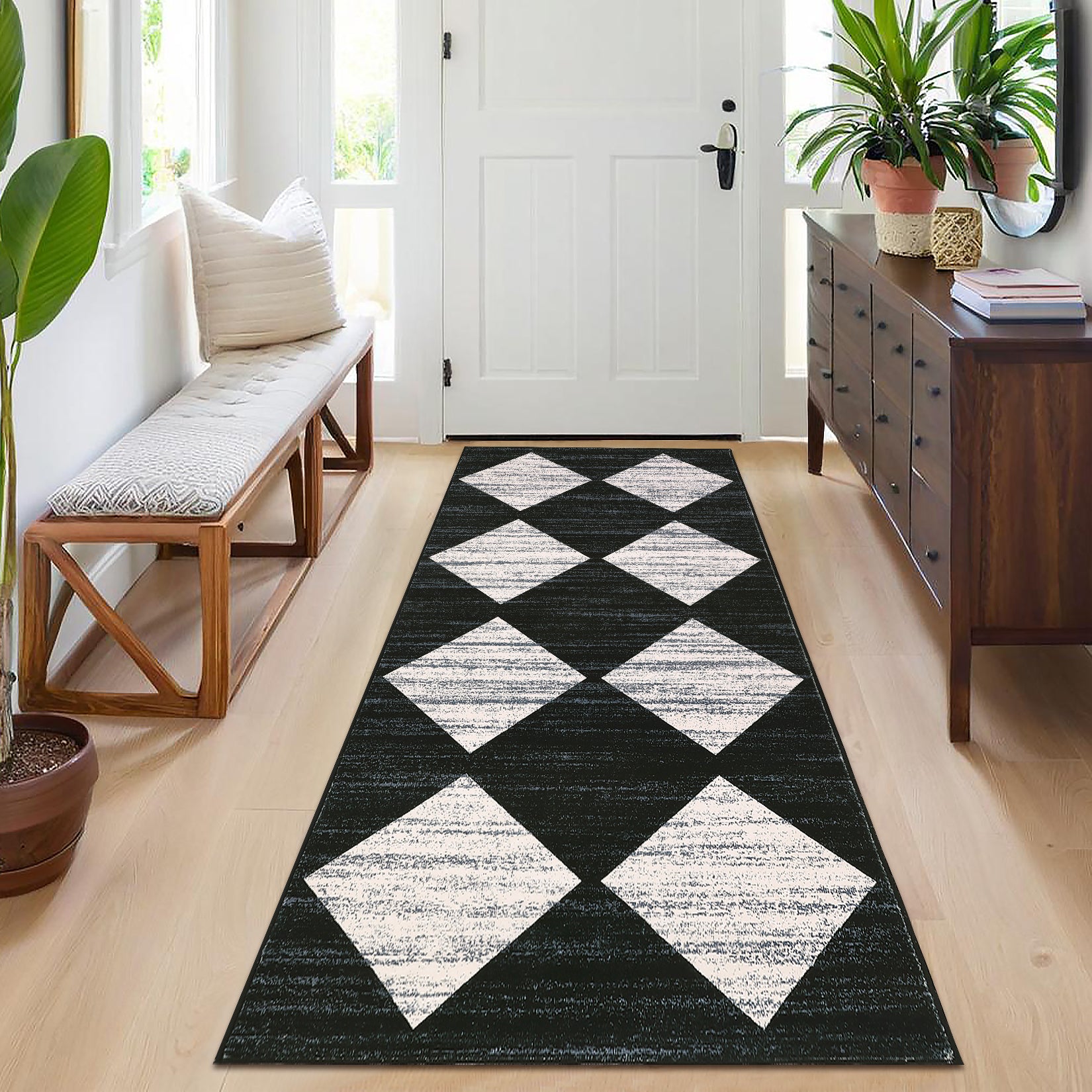 Garvee Plaid Black 2x6 Washable Runner Rug Modern Geometric Carpet Runner with Non-Slip Backing, Contemporary Accent Carpet, Foldable Low Pile Indoor Mat for Bedroom, Kitchen, Laundry