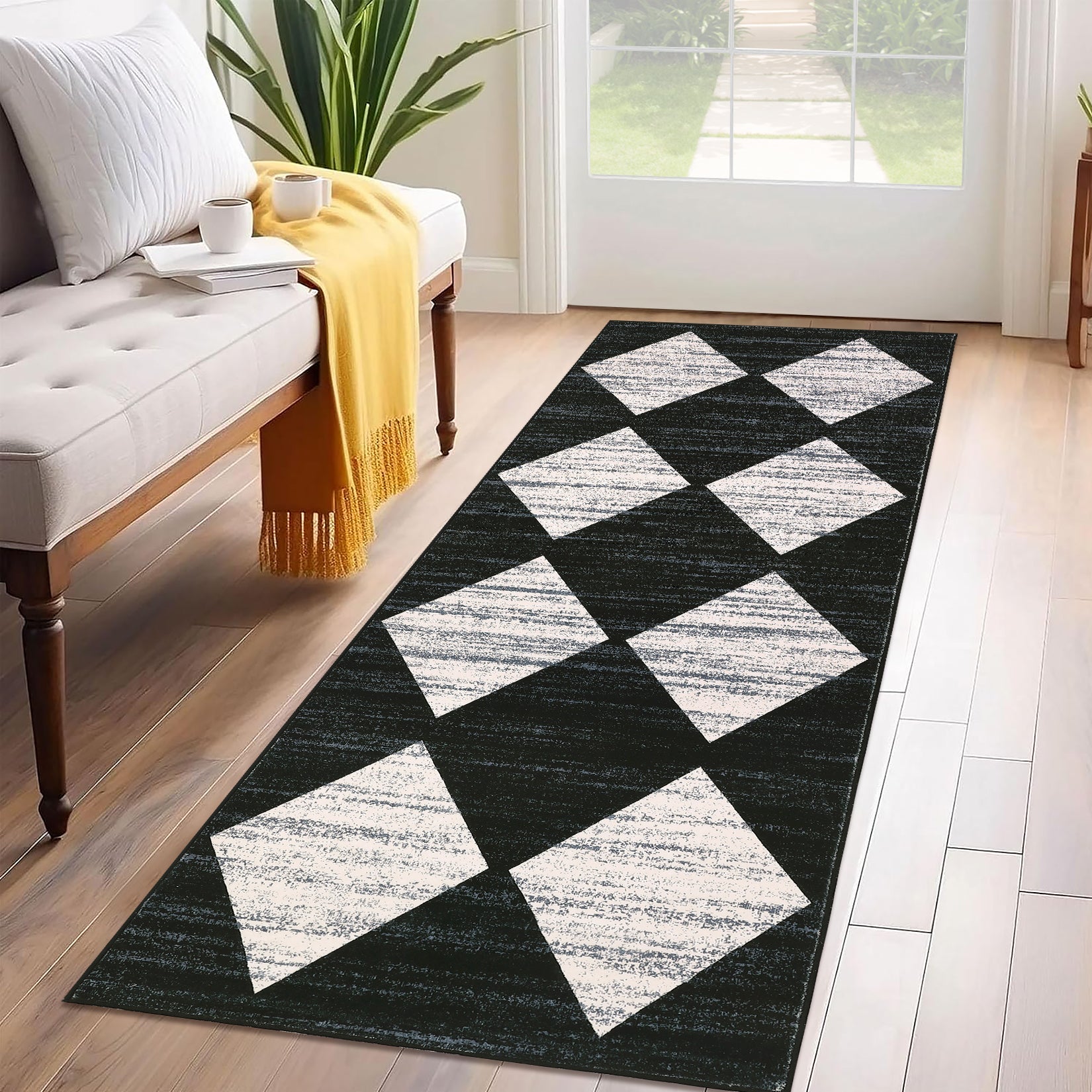 Garvee Plaid Black 2x6 Washable Runner Rug Modern Geometric Carpet Runner with Non-Slip Backing, Contemporary Accent Carpet, Foldable Low Pile Indoor Mat for Bedroom, Kitchen, Laundry