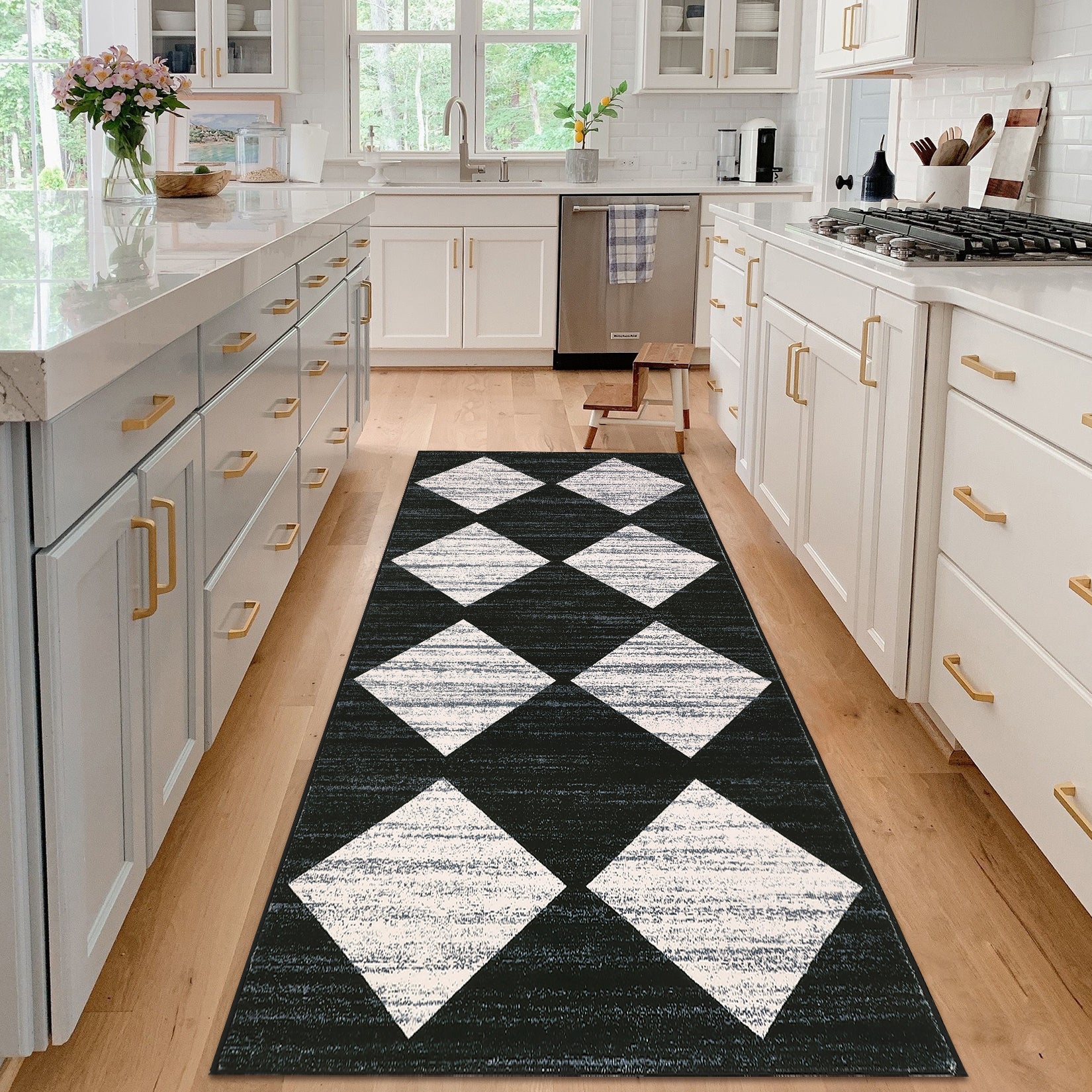 Garvee Plaid Black 2x6 Washable Runner Rug Modern Geometric Carpet Runner with Non-Slip Backing, Contemporary Accent Carpet, Foldable Low Pile Indoor Mat for Bedroom, Kitchen, Laundry