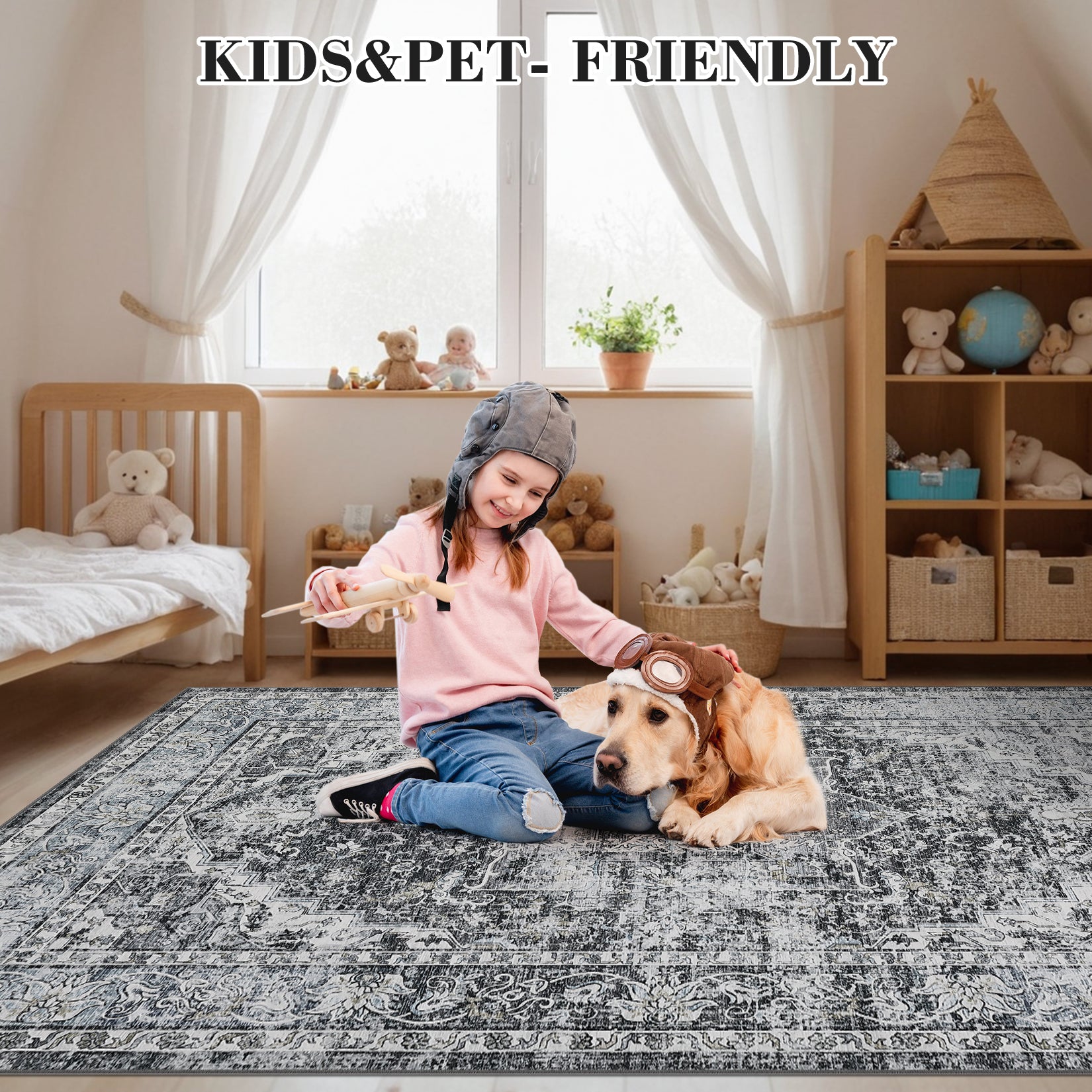 Garvee Area Rug 8x10 Washable Rug Retro Gray Vintage Large Rug Traditional Floor Cover Thin Rug Retro Kitchen Indoor Distressed Non Slip Carpet Floral Print Mat Living Room Bedroom Dining Room