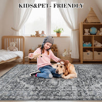 Garvee Area Rug 8x10 Washable Rug Retro Gray Vintage Large Rug Traditional Floor Cover Thin Rug Retro Kitchen Indoor Distressed Non Slip Carpet Floral Print Mat Living Room Bedroom Dining Room