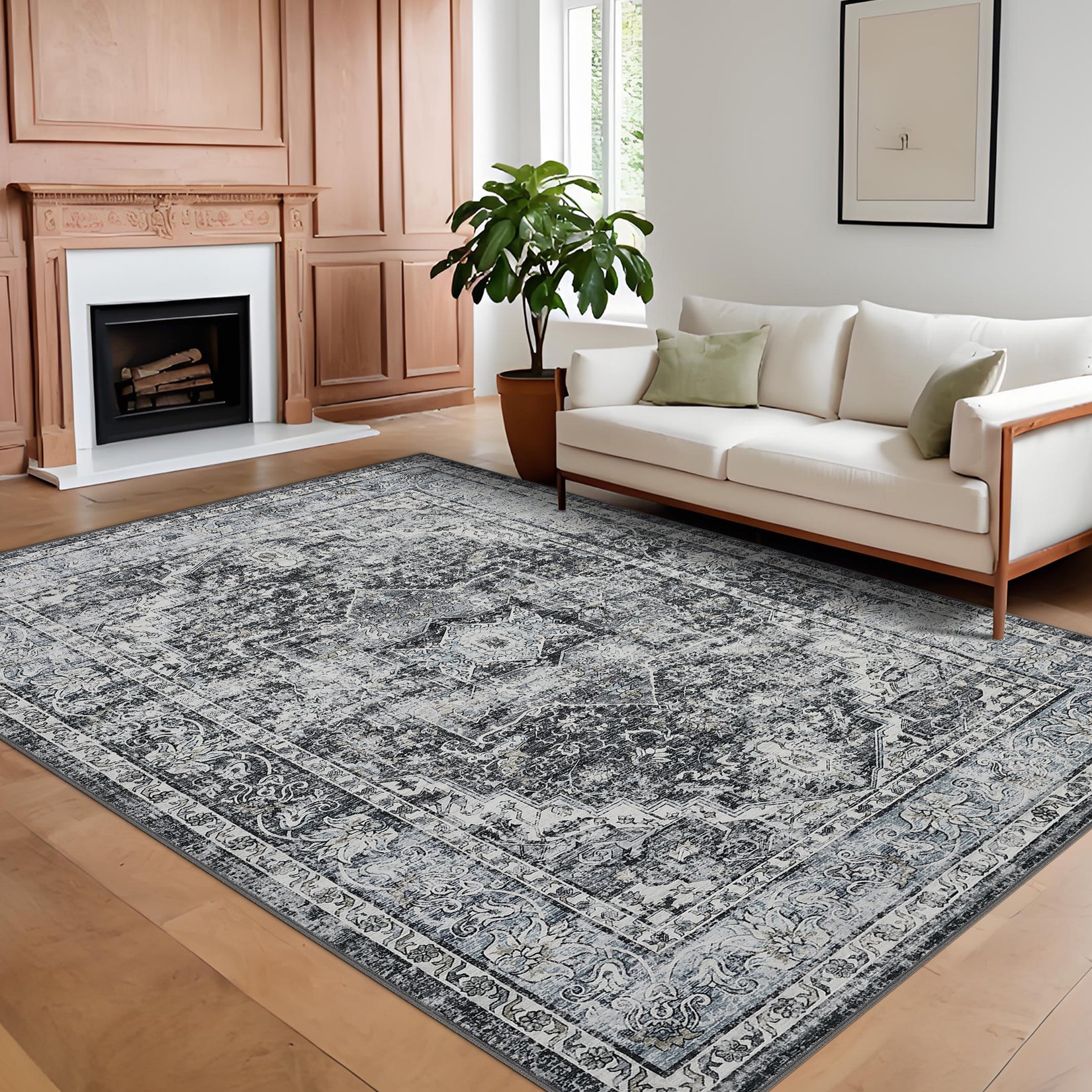 Garvee Area Rug 8x10 Washable Rug Retro Gray Vintage Large Rug Traditional Floor Cover Thin Rug Retro Kitchen Indoor Distressed Non Slip Carpet Floral Print Mat Living Room Bedroom Dining Room