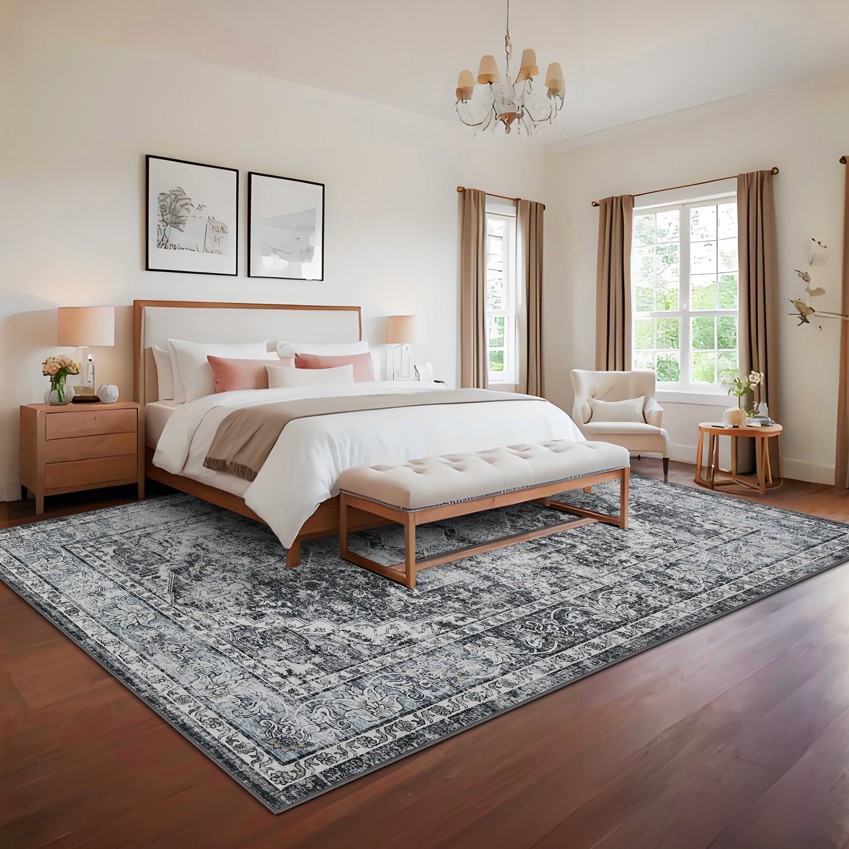 Garvee Area Rug 8x10 Washable Rug Retro Gray Vintage Large Rug Traditional Floor Cover Thin Rug Retro Kitchen Indoor Distressed Non Slip Carpet Floral Print Mat Living Room Bedroom Dining Room