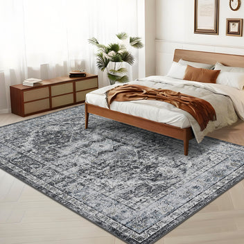 Garvee Area Rug 8x10 Washable Rug Retro Gray Vintage Large Rug Traditional Floor Cover Thin Rug Retro Kitchen Indoor Distressed Non Slip Carpet Floral Print Mat Living Room Bedroom Dining Room