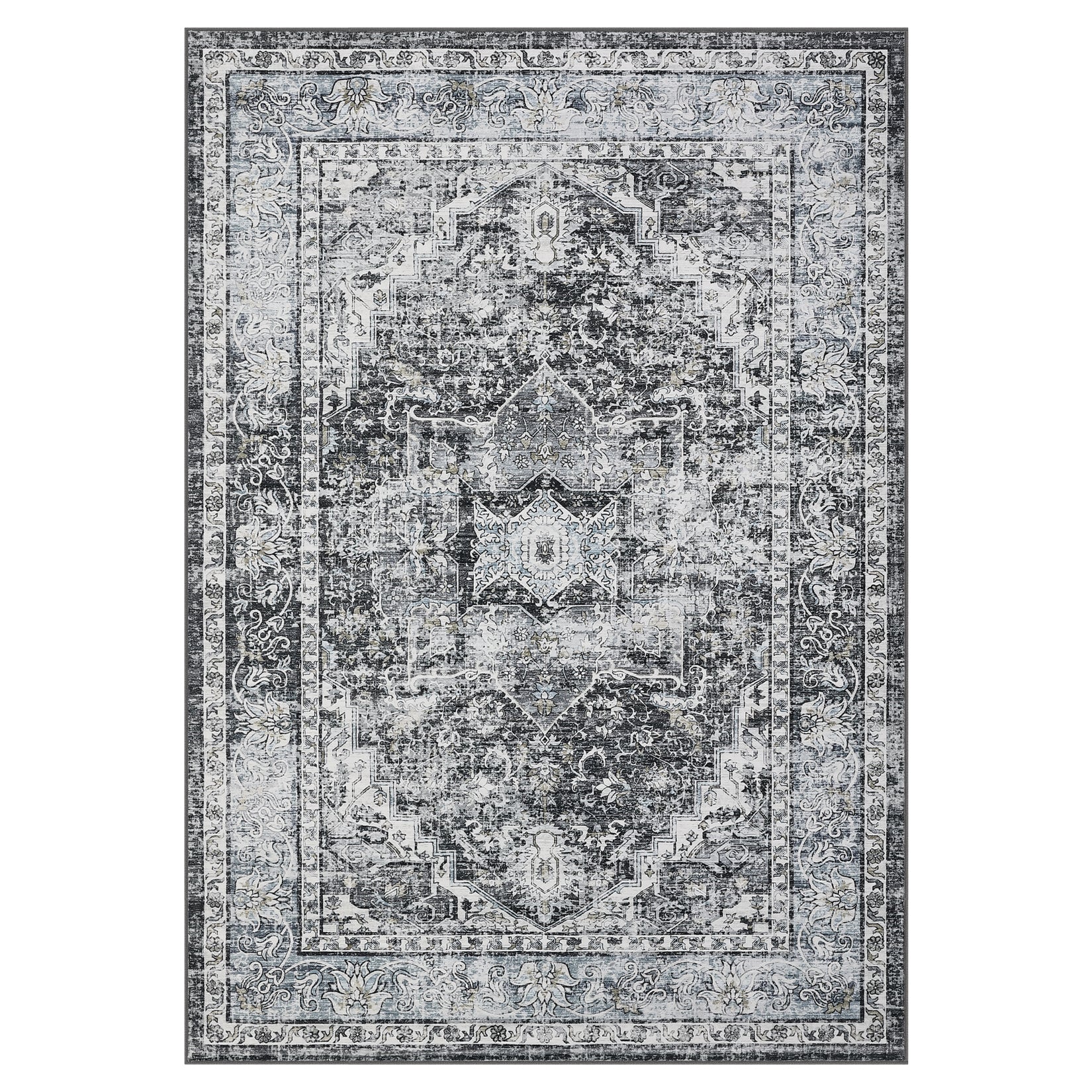 Garvee Area Rug 8x10 Washable Rug Retro Gray Vintage Large Rug Traditional Floor Cover Thin Rug Retro Kitchen Indoor Distressed Non Slip Carpet Floral Print Mat Living Room Bedroom Dining Room