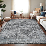 Garvee Area Rug 8x10 Washable Rug Retro Gray Vintage Large Rug Traditional Floor Cover Thin Rug Retro Kitchen Indoor Distressed Non Slip Carpet Floral Print Mat Living Room Bedroom Dining Room - Gray
