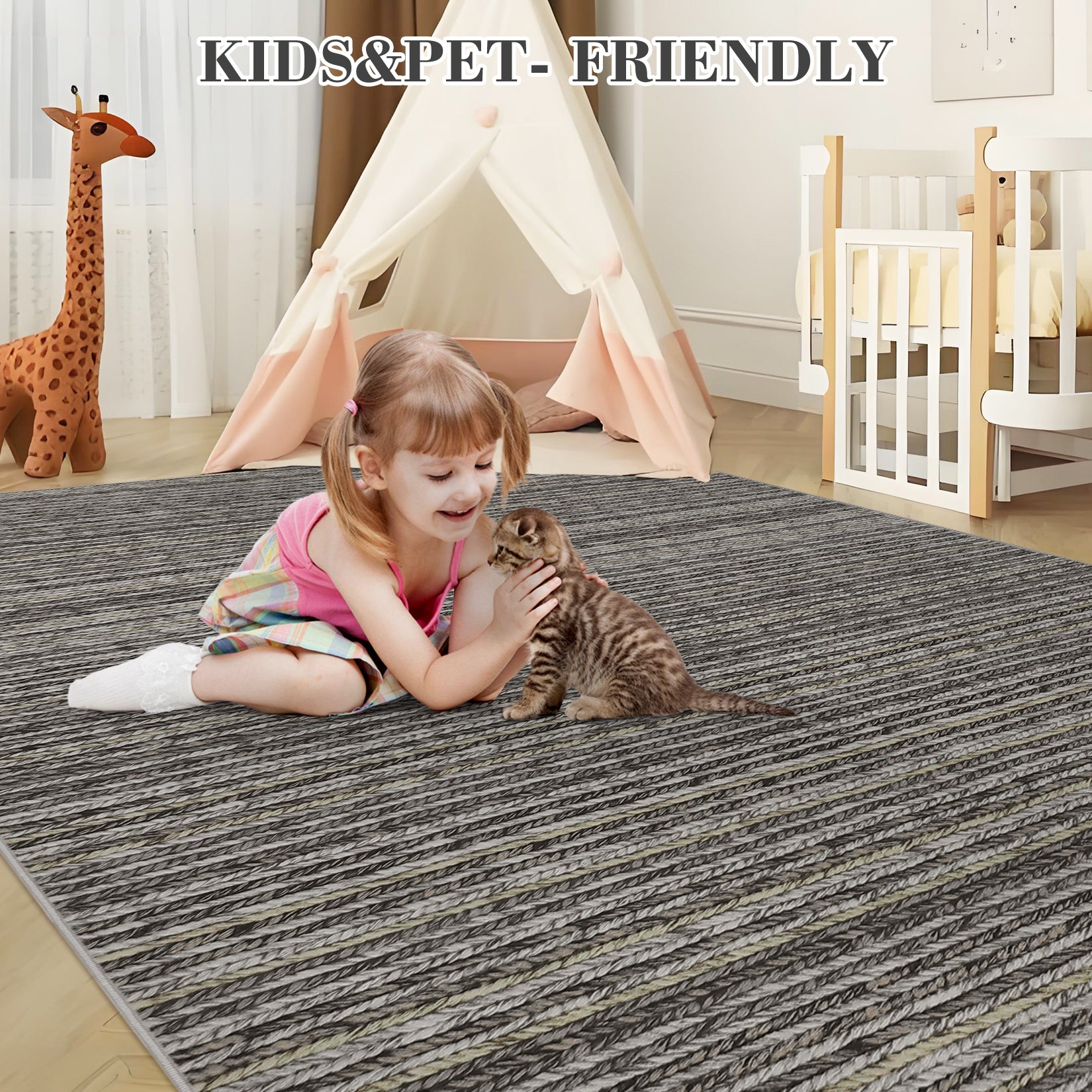 Garvee Striped Large Rugs 10x13 Stain Resistant Washable Area Rug for High Traffic Living Room Non-Slip Foldable Carpet Indoor Soft Printed Braid Floor Carpet Rug for Dining Room, Grey