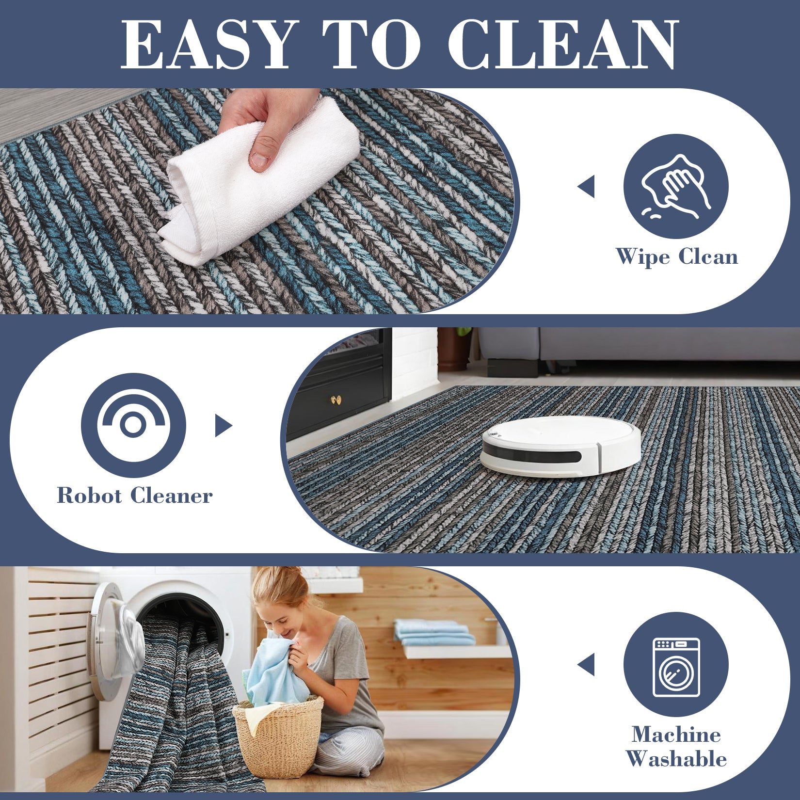 Garvee Striped Washable Rugs for Living Room 5x7 Stain Resistant Area Rug for Bedroom Large Soft Floor Carpet Non Slip Modern Transitional Rug for Dining Room Laundry Kid Room, Blue