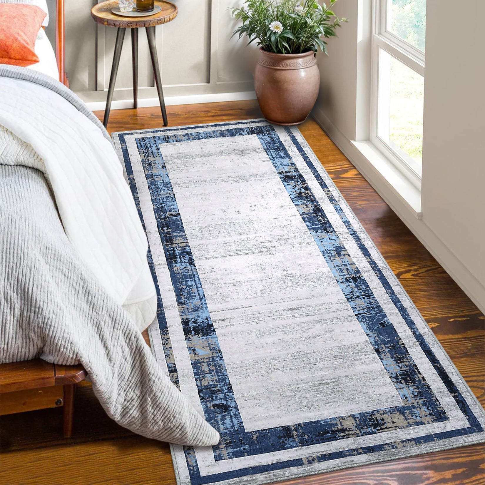 Garvee Washable Runner Rug 2x6 Modern Border Runner Soft Distressed Blue Runner, Minimalist Runner, Non Slip Hallway Runner, Stain Resistant Kitchen Runner, Contemporary Runner