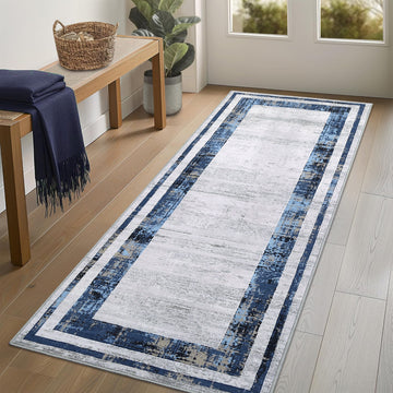 Garvee Washable Runner Rug 2x6 Modern Border Runner Soft Distressed Blue Runner, Minimalist Runner, Non Slip Hallway Runner, Stain Resistant Kitchen Runner, Contemporary Runner
