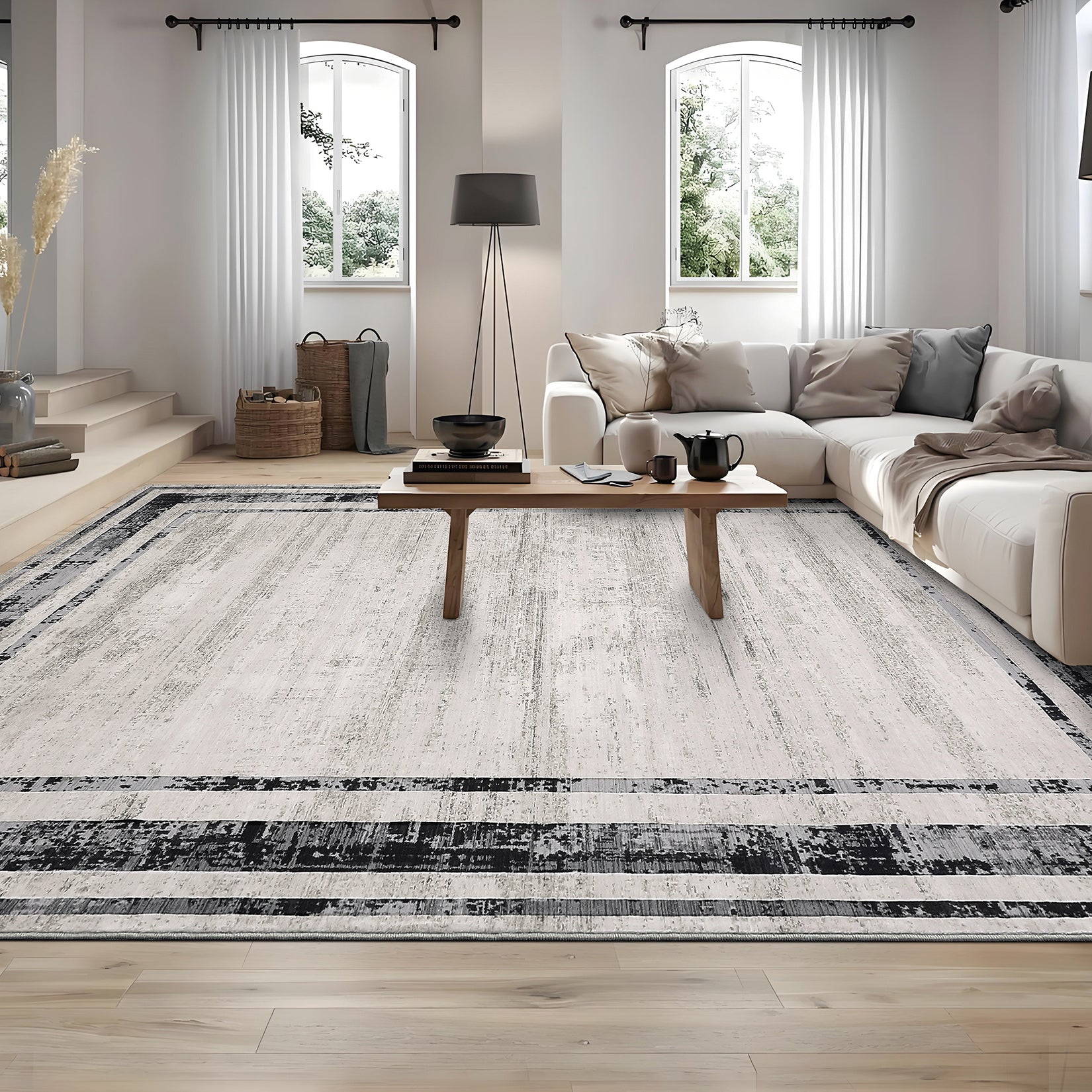 Garvee Large Washable Rug 10x13 Area Rug Modern Rug Distressed Border Rug Minimalist Gray Rug, Non Slip Soft Rug, Contemporary Accent Rug, Foldable Thin Rug for Living Room Bedroom