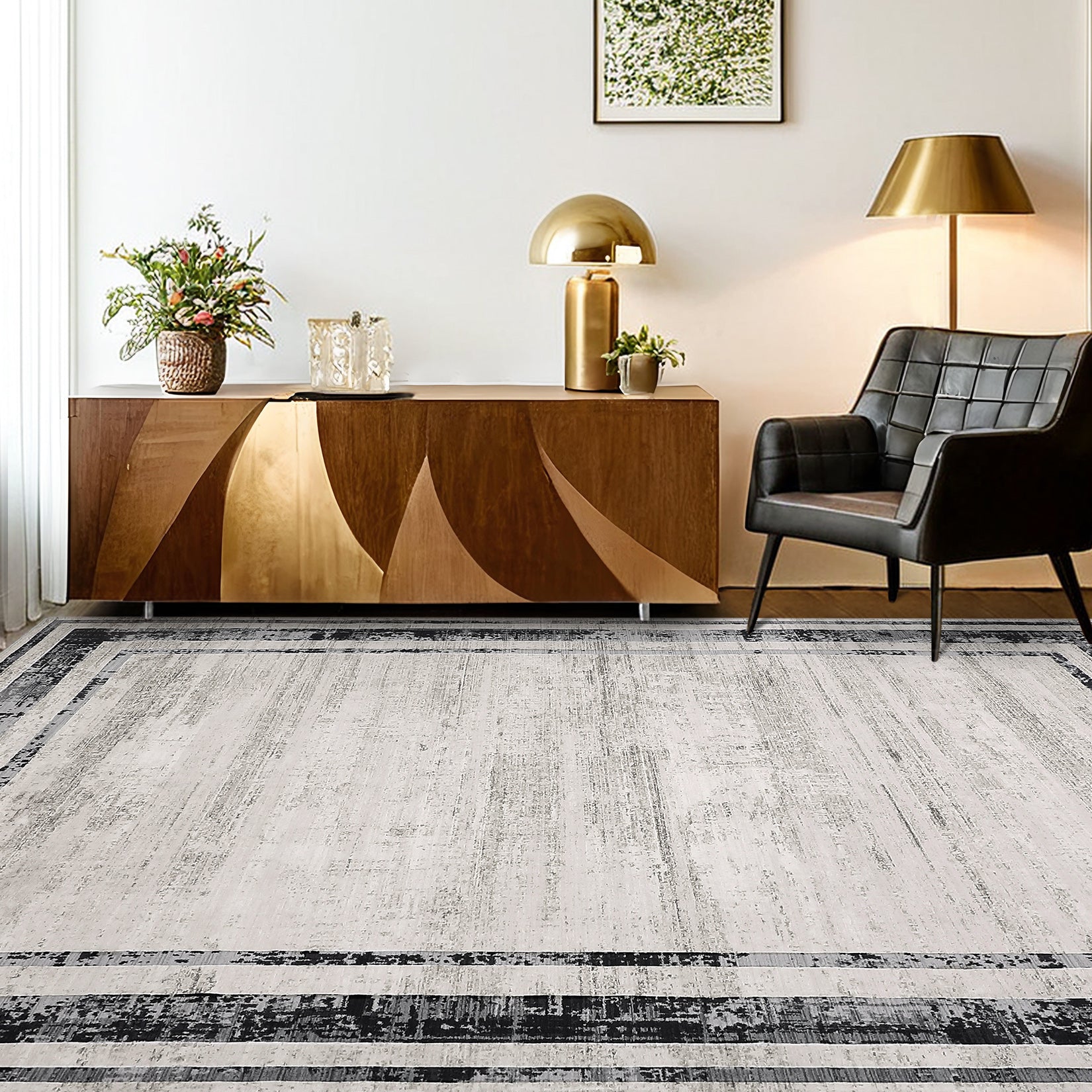 Garvee Large Washable Rug 10x13 Area Rug Modern Rug Distressed Border Rug Minimalist Gray Rug, Non Slip Soft Rug, Contemporary Accent Rug, Foldable Thin Rug for Living Room Bedroom