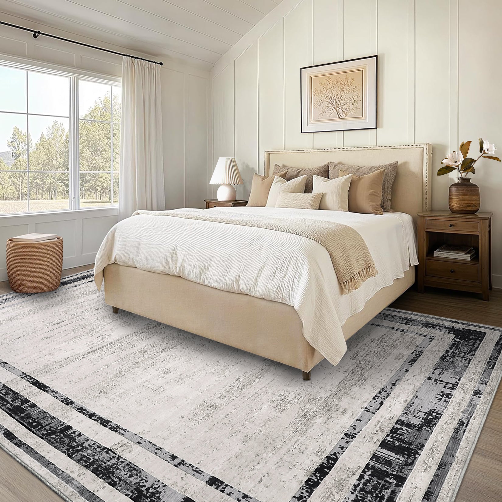 Garvee Large Washable Rug 10x13 Area Rug Modern Rug Distressed Border Rug Minimalist Gray Rug, Non Slip Soft Rug, Contemporary Accent Rug, Foldable Thin Rug for Living Room Bedroom