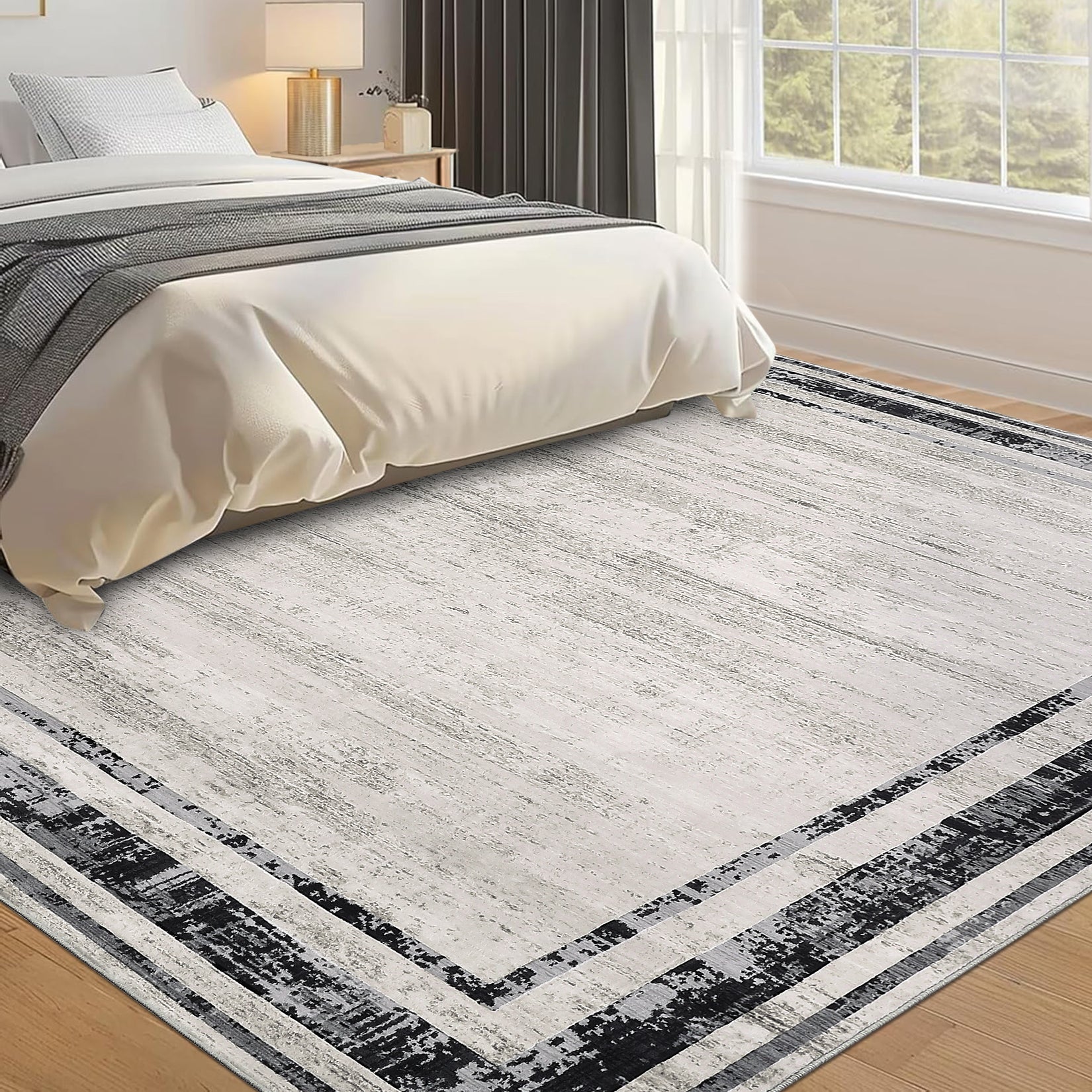 Garvee Large Washable Rug 10x13 Area Rug Modern Rug Distressed Border Rug Minimalist Gray Rug, Non Slip Soft Rug, Contemporary Accent Rug, Foldable Thin Rug for Living Room Bedroom