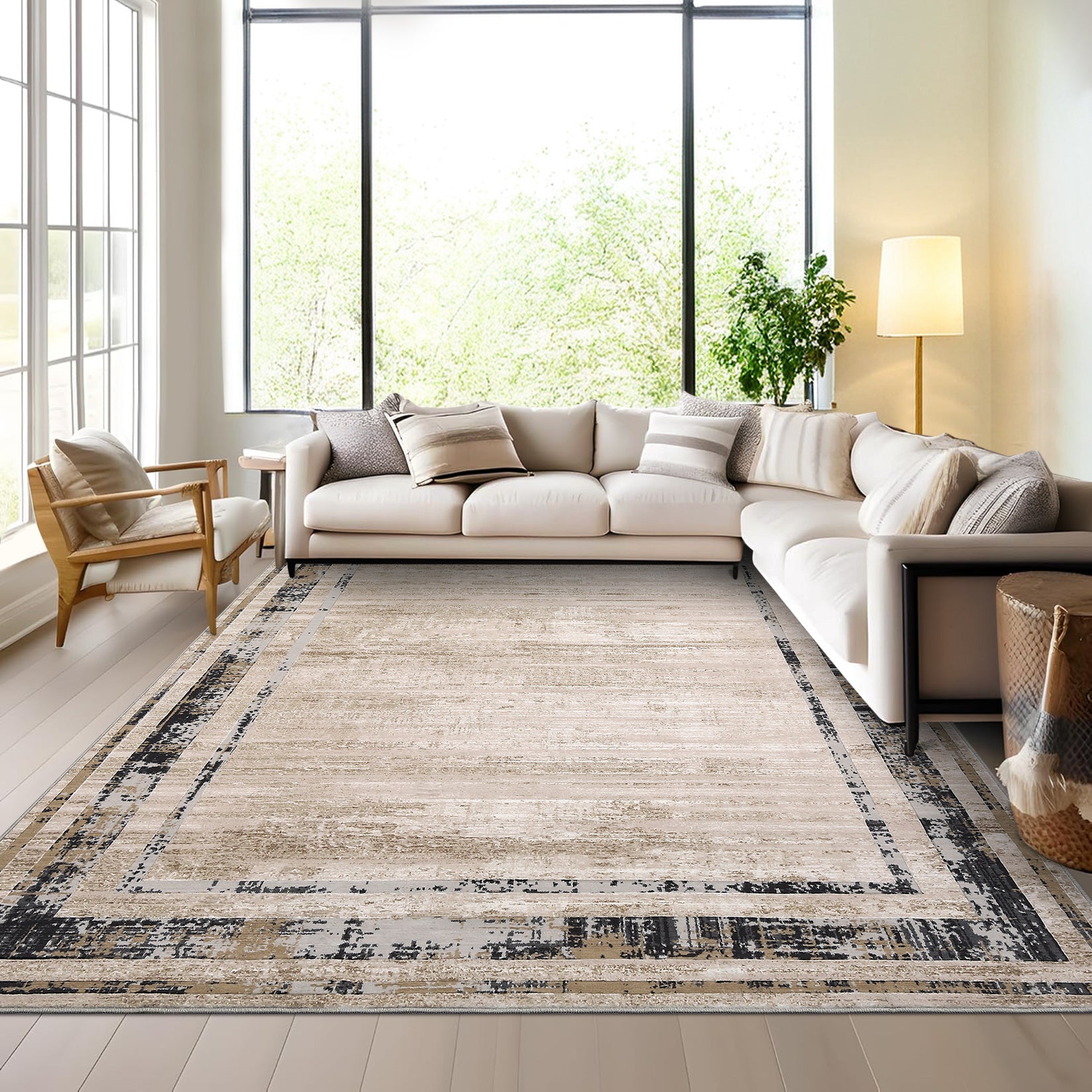 Garvee Living Room Rug 5x7 Washable Rug Distressed Brown Rug Modern Border Rug, Contemporary Minimalist Rug, Non Slip Soft Rug, Decorative Accent Rug Floor Carpet for Bedroom
