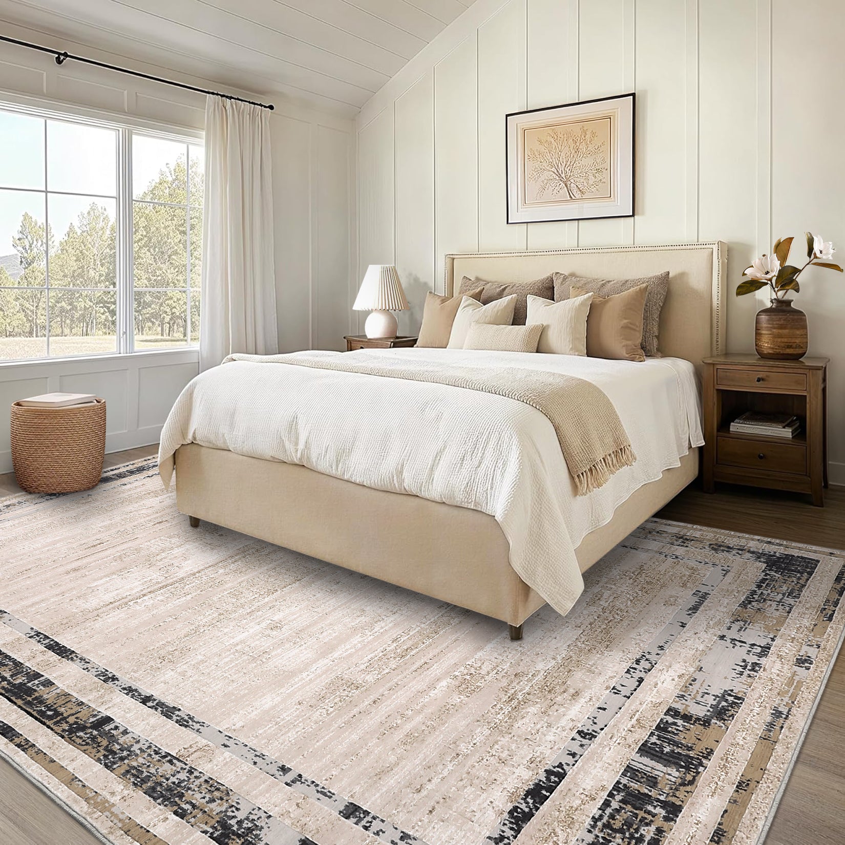 Garvee Modern Rug 8x10 Large Area Rug Washable Rug Distressed Border Rug Contemporary Brown Rug, Minimalist Living Room Rug, Non Slip Soft Rug, Foldable Printed Rug for Bedroom Office