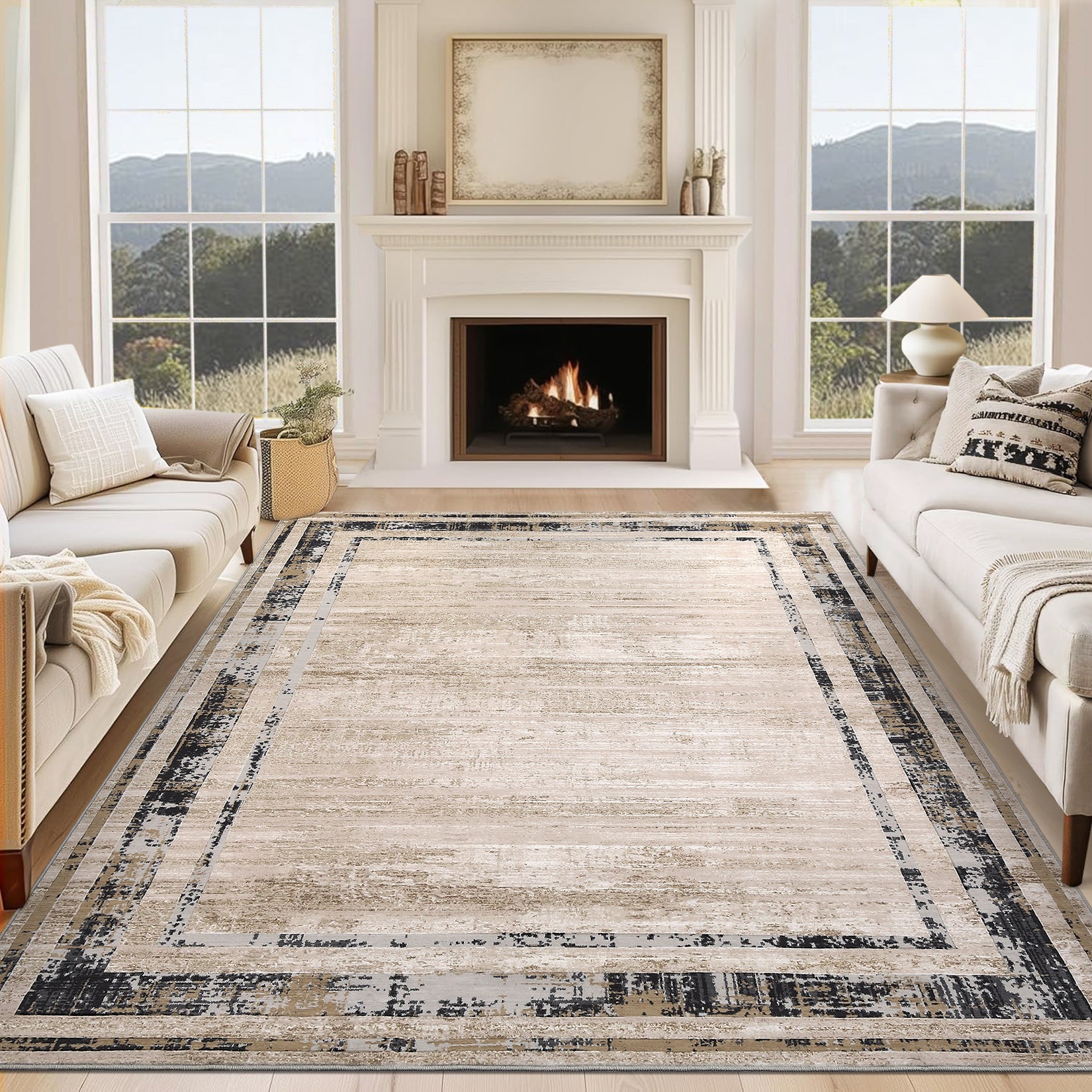 Garvee Living Room Rug 5x7 Washable Rug Distressed Brown Rug Modern Border Rug, Contemporary Minimalist Rug, Non Slip Soft Rug, Decorative Accent Rug Floor Carpet for Bedroom