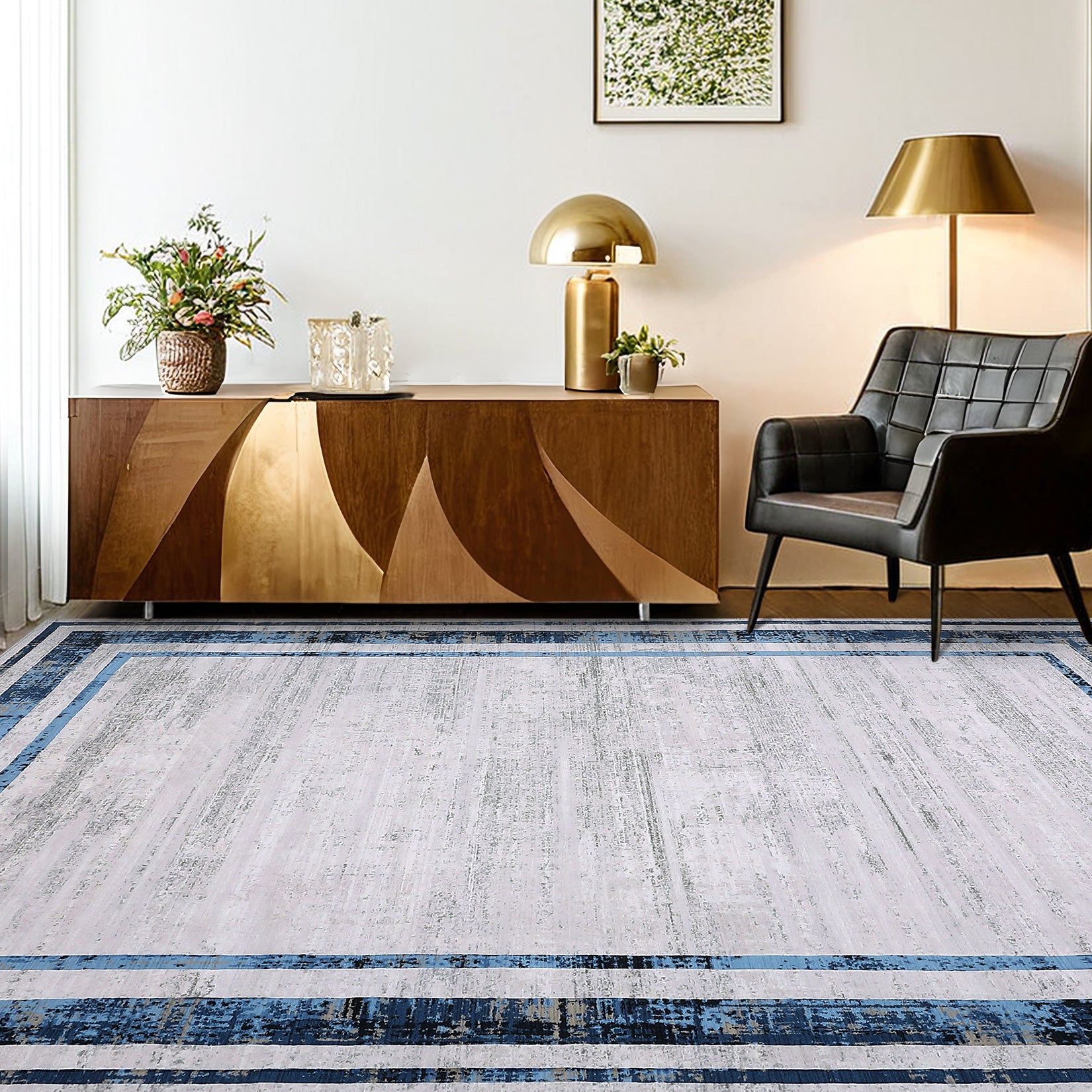 Garvee Large Washable Rug 10x13 Area Rug Modern Rug Distressed Border Rug Minimalist Blue Rug, Non Slip Soft Rug, Contemporary Accent Rug, Foldable Thin Rug for Living Room Bedroom