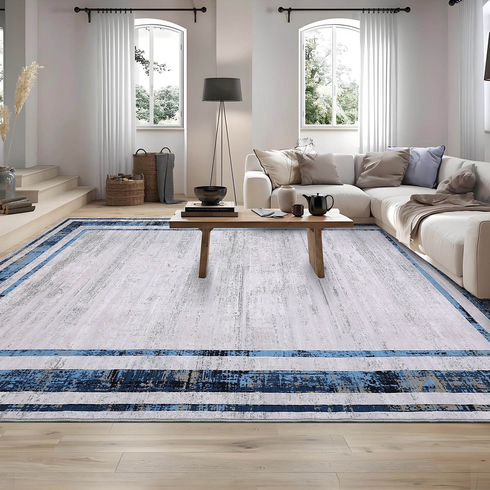 Garvee Large Living Room Rug 9x12 Modern Border Rug Soft Bedroom Rug Washable Rug with Rubber Backing, Contemporary Minimalist Rug, Distressed Accent Rug, Foldable Printed Rug, Blue