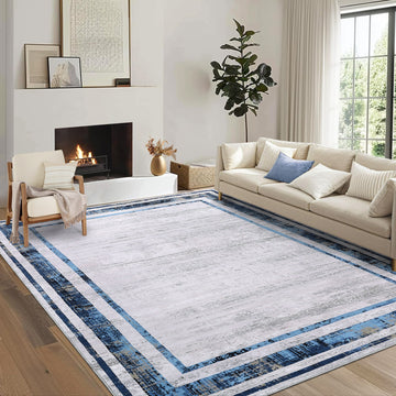 Garvee Modern Rug 8x10 Large Area Rug Washable Rug Distressed Border Rug Contemporary Blue Rug, Minimalist Living Room Rug, Non Slip Soft Rug, Foldable Printed Rug for Bedroom Office