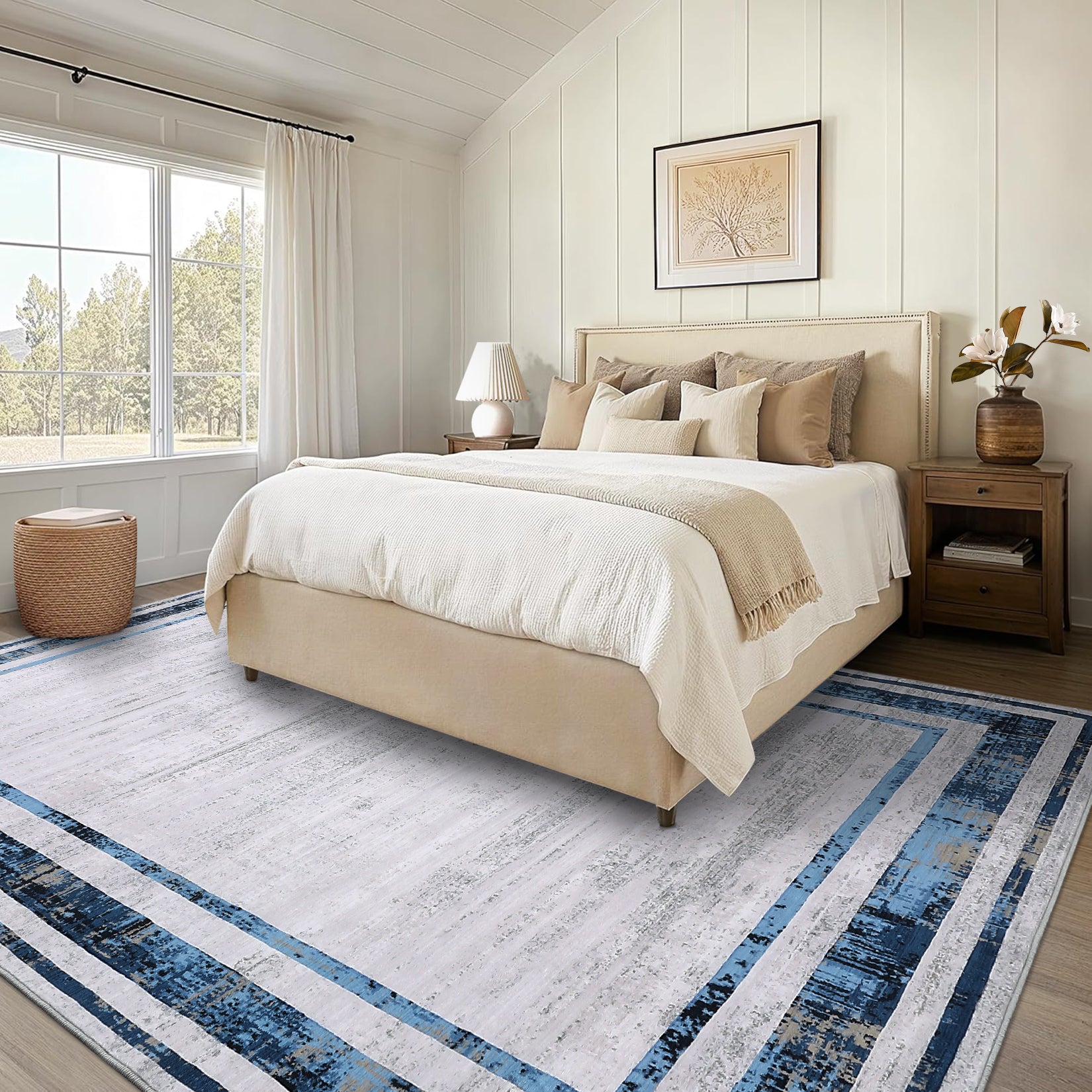 Garvee Modern Rug 8x10 Large Area Rug Washable Rug Distressed Border Rug Contemporary Blue Rug, Minimalist Living Room Rug, Non Slip Soft Rug, Foldable Printed Rug for Bedroom Office