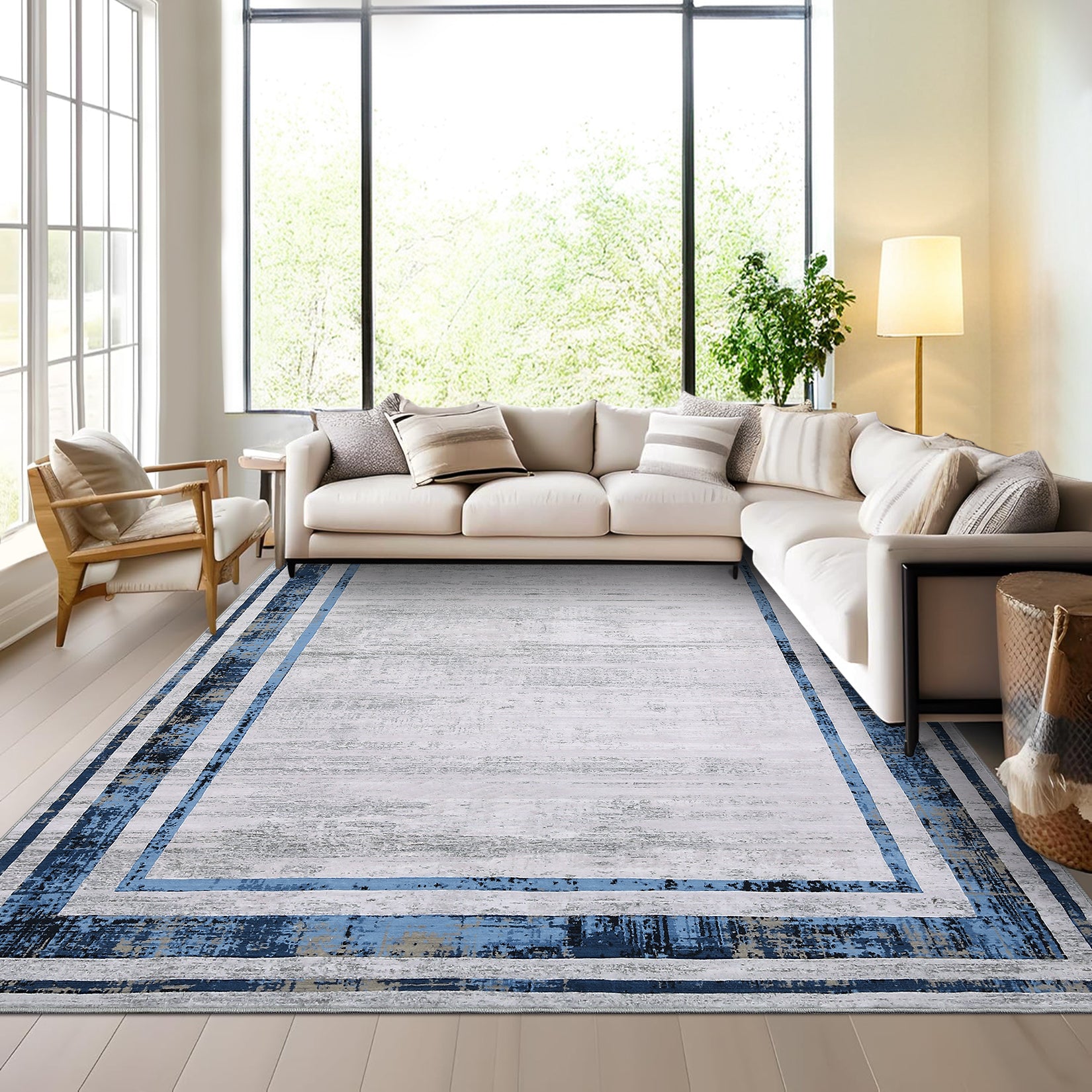 Garvee Large Washable Rug 10x13 Area Rug Modern Rug Distressed Border Rug Minimalist Blue Rug, Non Slip Soft Rug, Contemporary Accent Rug, Foldable Thin Rug for Living Room Bedroom