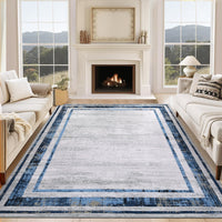 Garvee Modern Rug 8x10 Large Area Rug Washable Rug Distressed Border Rug Contemporary Blue Rug, Minimalist Living Room Rug, Non Slip Soft Rug, Foldable Printed Rug for Bedroom Office