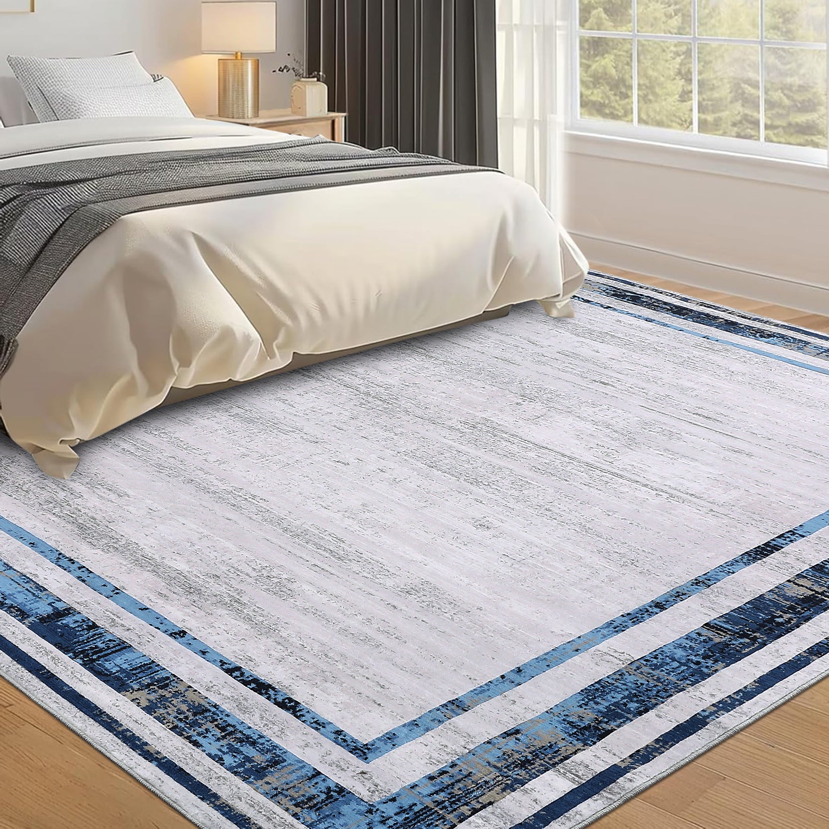 Garvee Large Washable Rug 10x13 Area Rug Modern Rug Distressed Border Rug Minimalist Blue Rug, Non Slip Soft Rug, Contemporary Accent Rug, Foldable Thin Rug for Living Room Bedroom