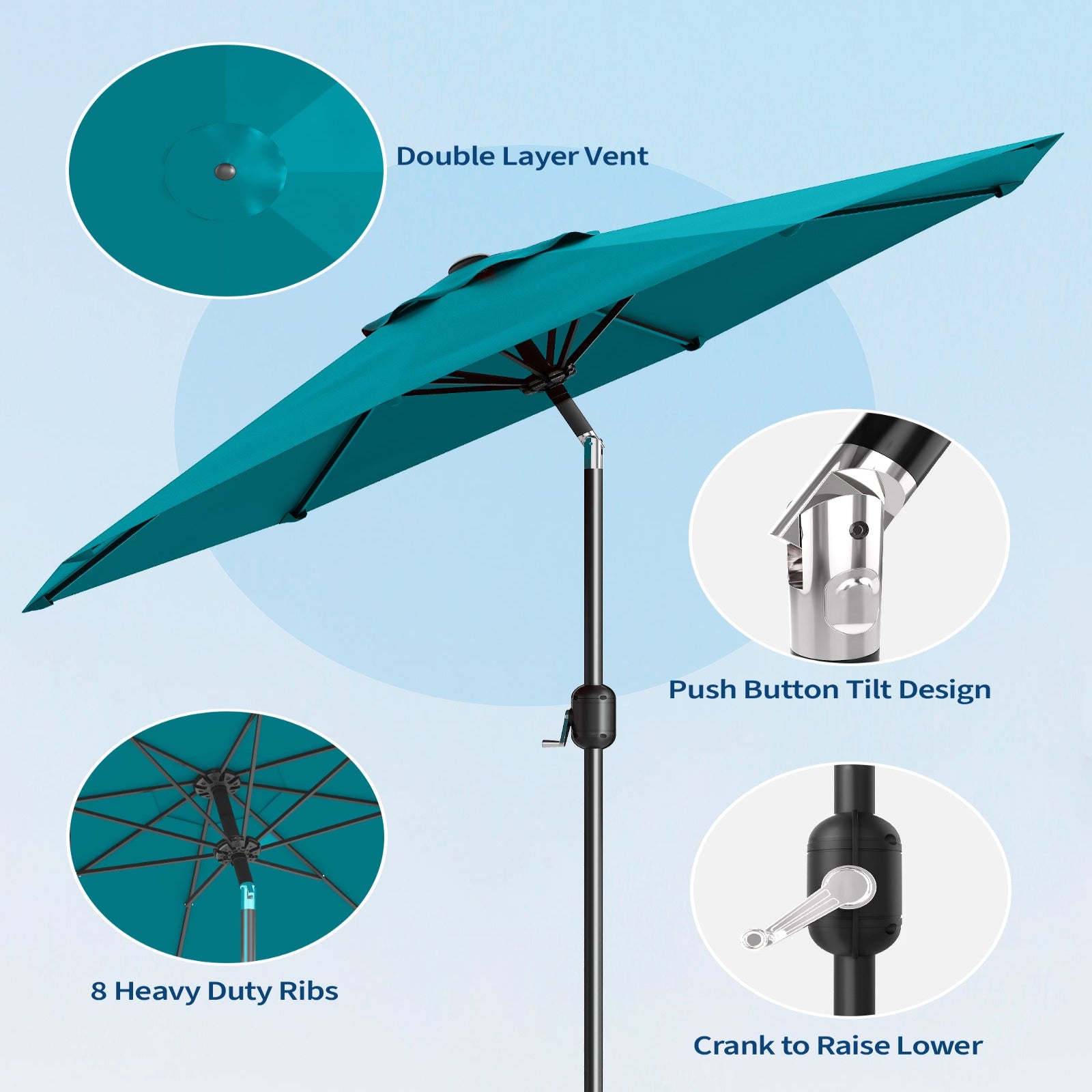 Garvee 10' Patio Umbrella with Crank Lift & Push Button Tilt, Table Umbrella Outdoor Patio 8 Sturdy Ribs for Yard, Deck, Pool, Turquoise